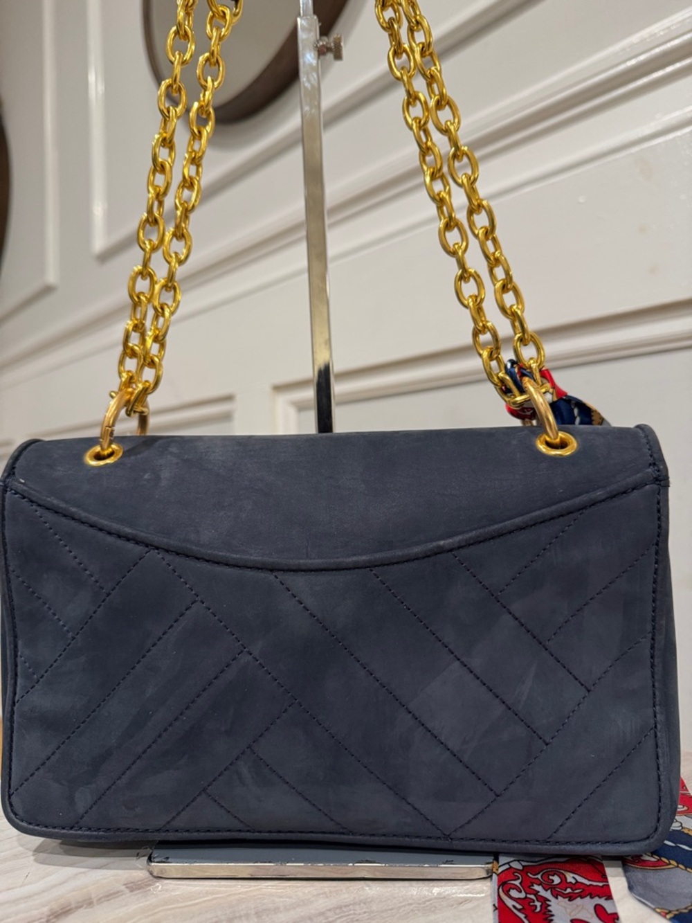 Tory Burch Bag Alexa Convertible Nubuck Suede Dark Navy Chevron Shoulder Bag - Picture 11 of 17
